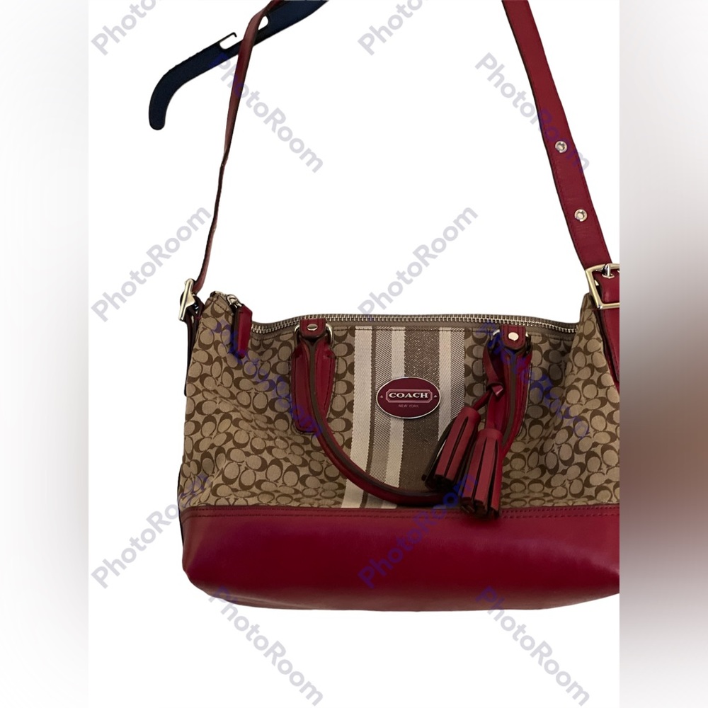 EUC Coach Bag: Burgundy and Cream: L14” W20” stretched w/o Stretch 10” Strap 34” - Picture 2 of 9